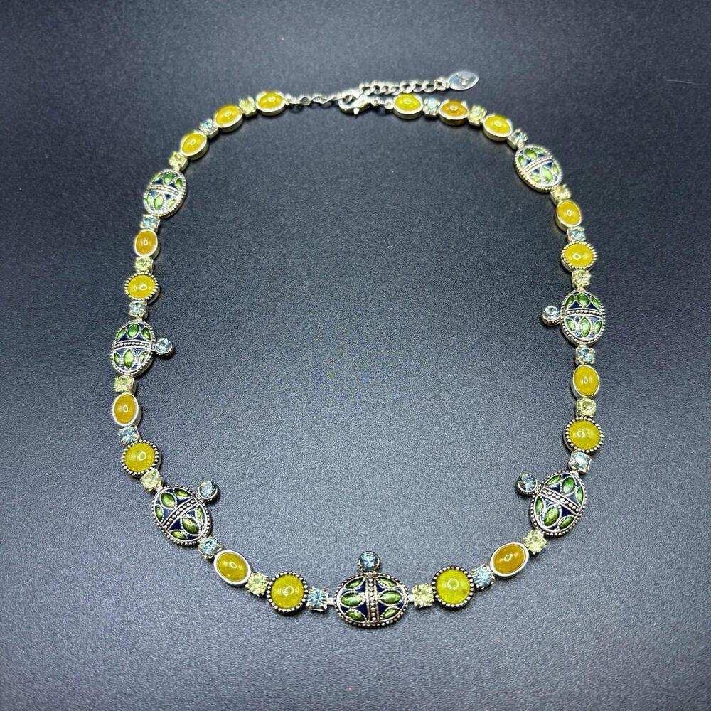 Silver Tone Statement Necklace Versona Green Yellow Enamel Turtle ShapeBead Boho